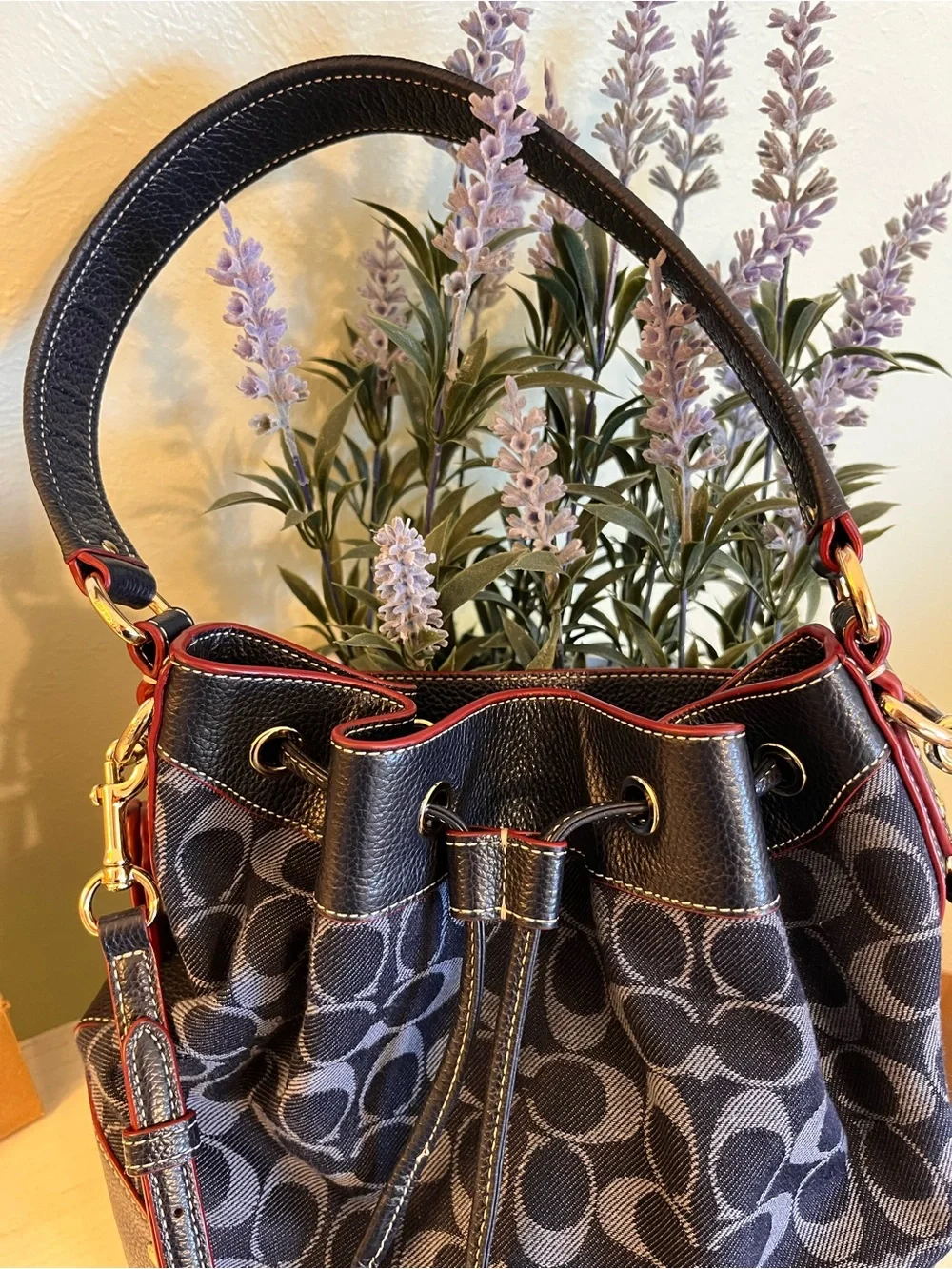Coach Mickie Drawstring Shoulder Bucket Bag Signature Denim/Midnight F37224 NWOT